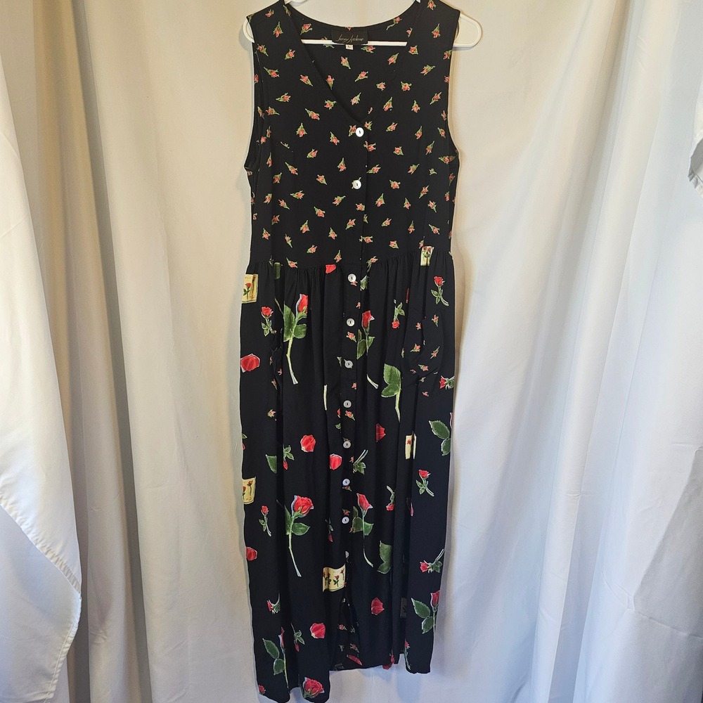 Jenny Helene Maxi Dress Large Black Floral Rose Cottagecore 90s Vintage Grunge
